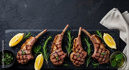 Gourmet lamb chops with herb garnish atop a slate serving platter