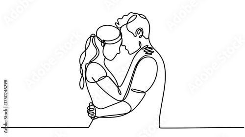 a couple embracing each other in a loving and intimate moment together one line drawing illustration isolated on white background