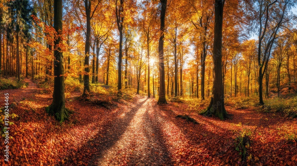 Obraz premium Vibrant Autumn Forest with Colorful Foliage and Sunlit Pathway