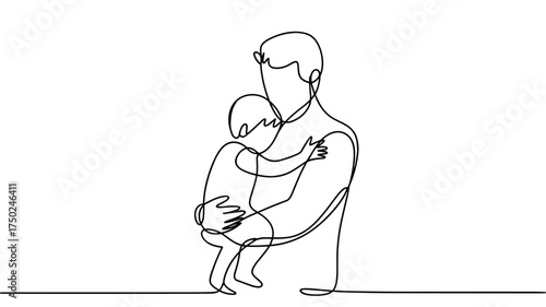 Minimal one line drawing of a father hugging his child, symbolizing love, care, family bond, and emotional connection in simple