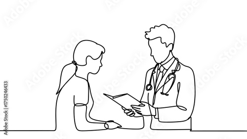 Minimal one line drawing of a male doctor giving consultation to a female patient while reading a medical record, symbolizing healthcare and trust.