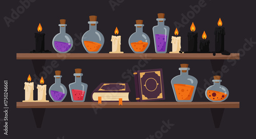 Enchanting potion bottles and spell books on rustic wooden shelves, evokes mystery and magic for Halloween, creating a captivating atmosphere for your project