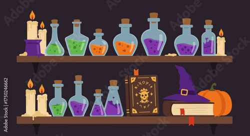 Enchanting Halloween Scene with Witchcraft Elements, Spell Book, Potions, and Candles for a Spooky Celebration or Themed Design, Great for Fall Festivities