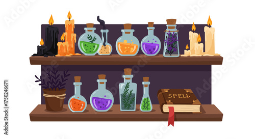 Enchanting potion bottles and flickering candles fill rustic shelves, casting a magical spell for fantasy themes, Halloween decor, or mystical designs