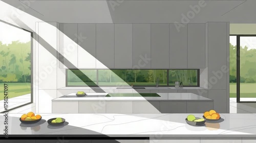 Modern Kitchen Interior with Sunlight and Green Views.