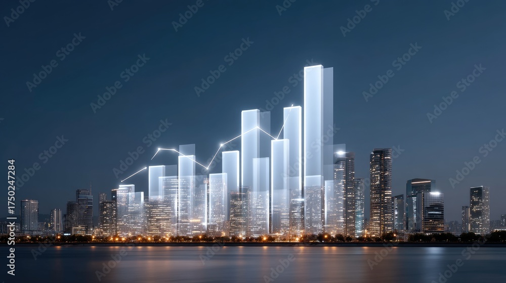 Fototapeta premium Modern City Skyline with Data Visualization Overlay at Night, Business Growth Concept