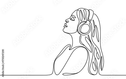 Simple one line vector illustration of a long-haired woman enjoying music through headphones, representing relaxation, calmness, and creative mood.