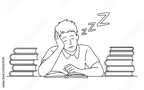 Continuous line drawing of an exhausted male student asleep among books, symbolizing stress, fatigue, and academic burnout in minimalist black and white