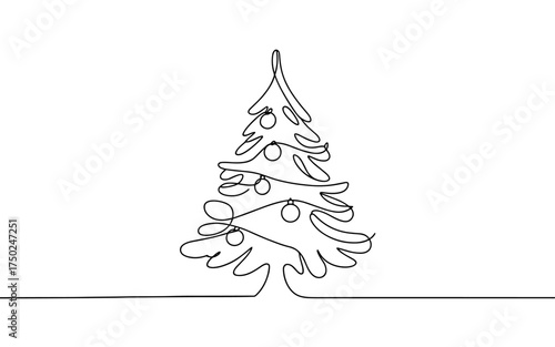 Minimalist one line vector illustration of a Christmas tree isolated on white background, symbolizing holiday season, winter, and celebration.