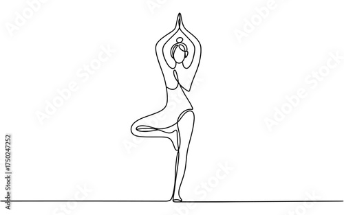 Minimal one line vector drawing of a woman standing in tree pose with hands above head, representing yoga, balance, and mindfulness.