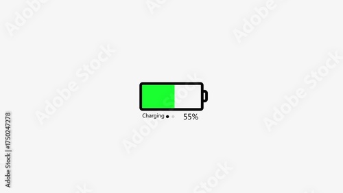White outline battery icon showing 100 percent charge and charging status on light grey background power