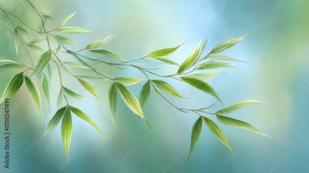 Fototapeta premium Gentle Bamboo Leaves Against a Soft Blue Abstract Background