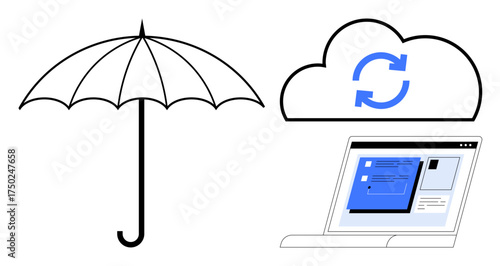 Umbrella alongside cloud with sync icon and open laptop representing cloud backup and data safety. Ideal for security, technology, backup, cloud computing, workflow efficiency, internet, simple flat