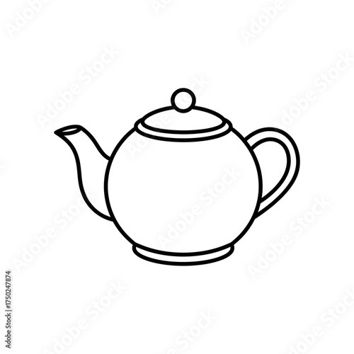 Teapot line art vector illustration, minimalist black and white outline of classic teapot with handle and spout, simple kitchen utensil design, elegant tea time icon