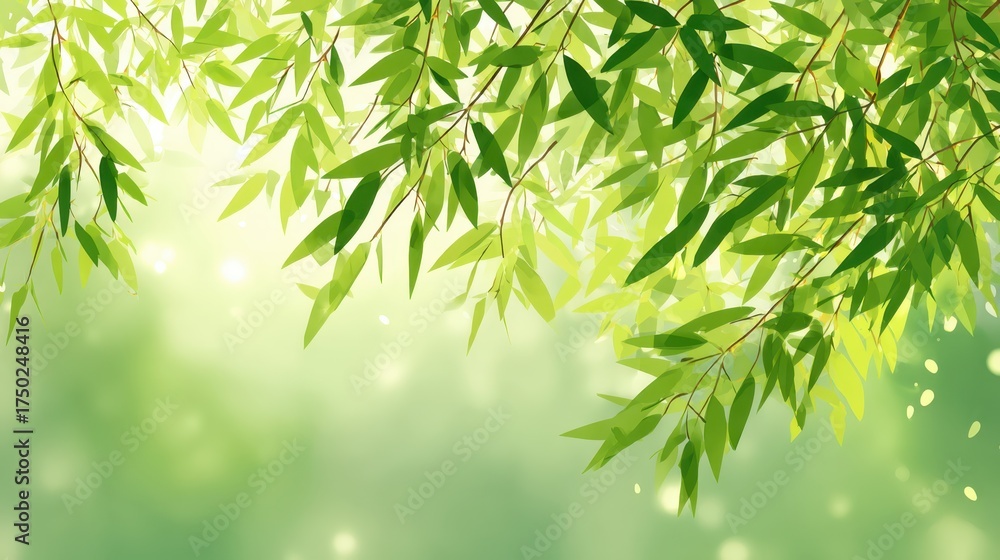 Naklejka premium Lush Green Bamboo Leaves with Soft Background Light and Bokeh Effect