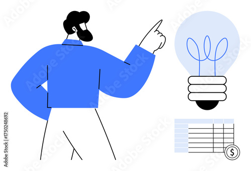 Man pointing toward a glowing light bulb symbolizing innovation, next to a chart indicating financial planning. Ideal for business strategy, creativity, innovation, problem-solving, entrepreneurship