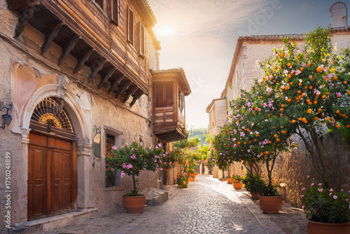 Historic old town street in Damascus, Syria, with traditional stone architecture and vibrant pink flowering trees under bright sunlight