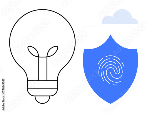 Light bulb outlines innovation, shield with fingerprint symbolizes cybersecurity and protection. Ideal for creativity, technology, safety, cybersecurity, intellectual property, innovation, simple