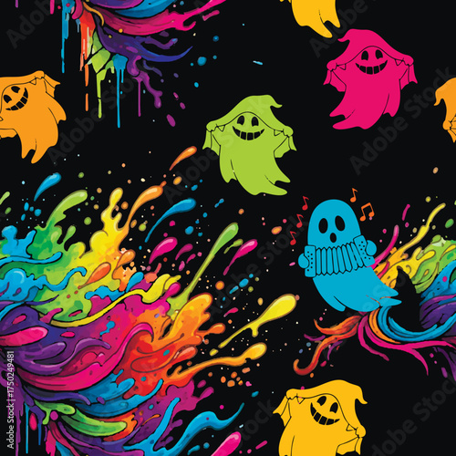 Seamless vector pattern with neon colored ghosts floating over a vibrant, splattering wave of paint and ink on a black background. Fun, spooky pop art.