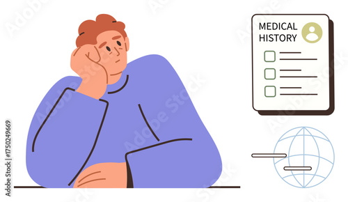 Pensive person resting head on hand near medical history chart and globe icon, suggesting health awareness, record-keeping, diagnosis, global care, patient journey, public health, simple flat