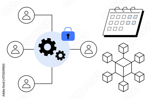 Gears, security lock, calendar, connected team icons, cubes in node pattern illustrate teamwork, scheduling, security, and data management. Ideal for collaboration planning security systems