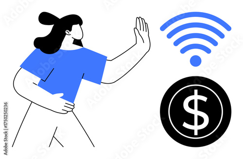 Woman gesturing stop towards wireless signal and dollar sign symbolizing rejection of digital payment. Ideal for fintech, digital economy, cashless system, payment denial, financial security