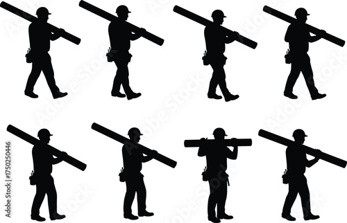 Construction worker silhouette, pipe carrying pose, black vector, hard hat laborer, tool belt, motion sequence, industrial walk