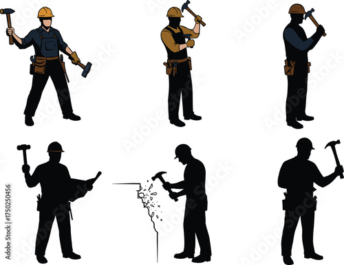 Construction worker, hammer action, labor silhouette, tool belt, hard hat, black vector, building concept, manual work pose