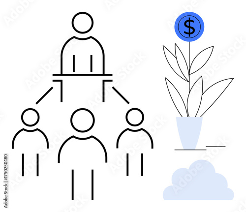 Hierarchical leadership connecting a team to a growing money plant, symbolizing resource management, growth, teamwork. Ideal for business, leadership, finance, strategy, planning collaboration