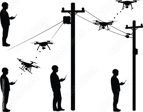 Drone utility inspection, silhouette operator, power line survey, black vector, infrastructure monitoring, remote control, modern technology scene