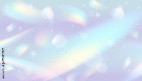 Soft pastel vector background with iridescent rainbow glow and dreamy stars. Magical holographic texture for unicorn, fairy, or fantasy designs, stationery, and kids decor.