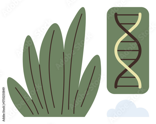 Green plant leaves alongside DNA strand in abstract rectangular frame and soft cloud below. Ideal for biotechnology, genetics, ecology, sustainability, innovation, research, environmental science
