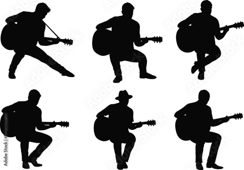 Guitar player silhouette set, acoustic performance pose, black vector, seated and standing musician, casual style, musical expression