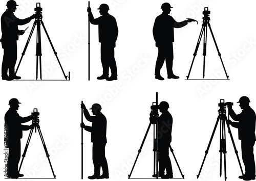 Land surveyor silhouette, tripod instrument, black vector, theodolite pose, field measurement, mapping concept, construction planning, engineer scene