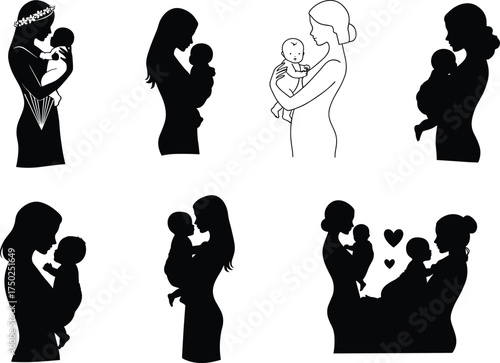Mother holding baby, woman silhouette, black white vector, nurturing pose, maternal care, motherhood concept, heart symbol, bonding
