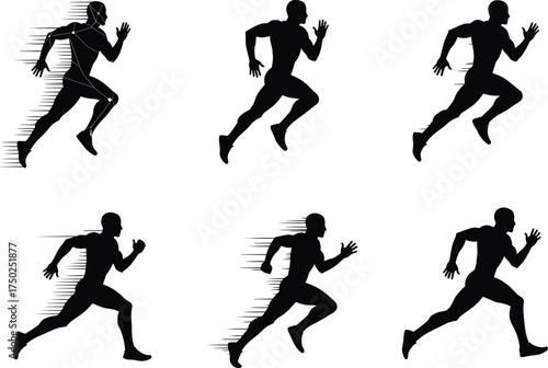 Running silhouette set, motion sequence vector, black illustration, athletic stride, speed lines, dynamic pose, sports movement, sprint action