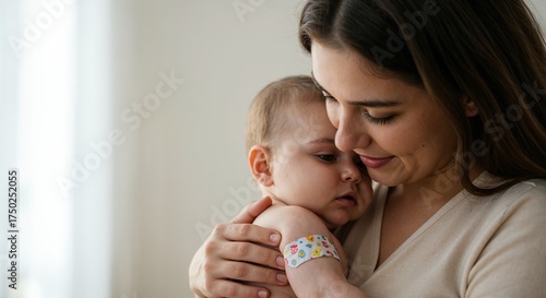 Mother holding baby close after vaccination