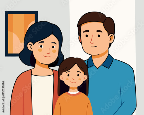 Happy Family Portrait Illustration: Parents and Daughter Indoors