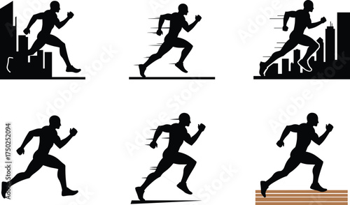 Running silhouette, athlete motion, speed vector, black illustration, track race, city background, dynamic pose, sports concept