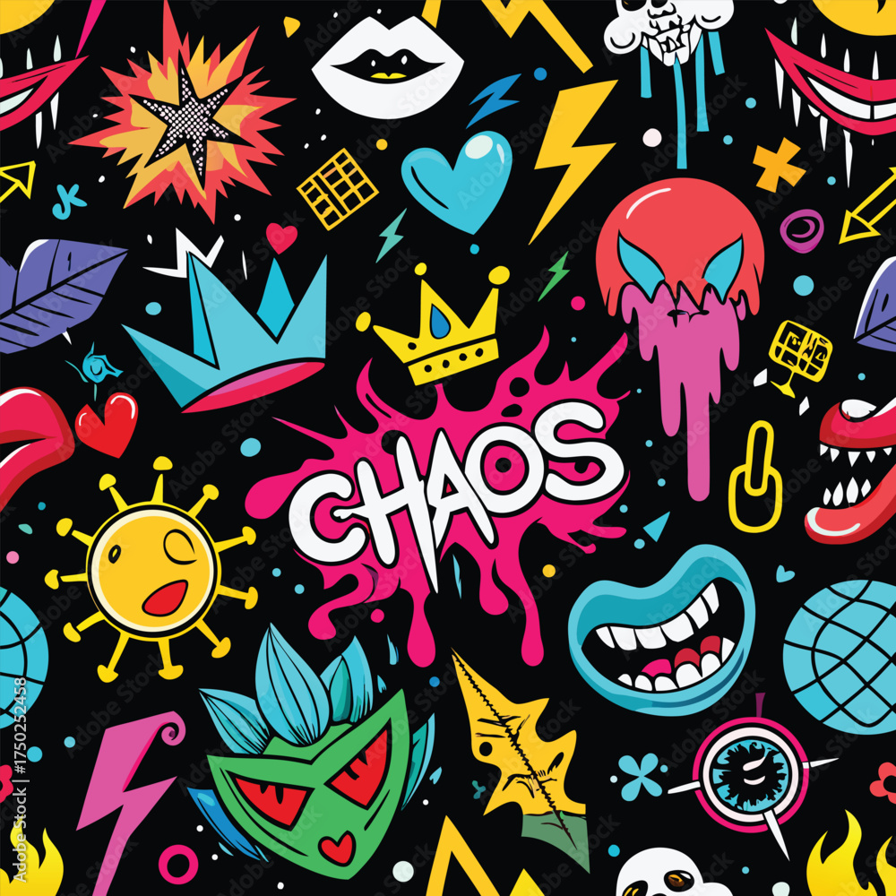 Fototapeta premium Chaos Word with Graffiti Monsters and Skulls Pattern