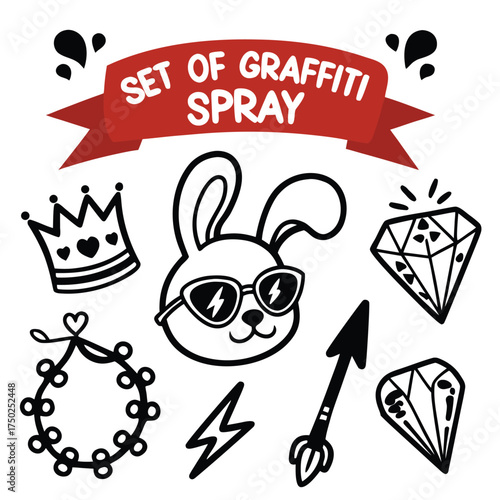 Cartoon Graffiti Elements with Bunny and Crown spray can