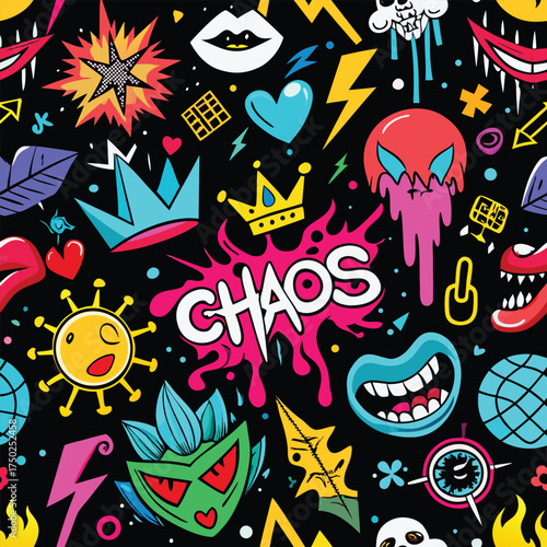 Chaos Word with Graffiti Monsters and Skulls Pattern