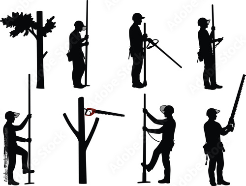 Tree cutting silhouette, arborist on pole, chainsaw worker, black vector, safety gear, tree maintenance, trimming pose, forestry concept