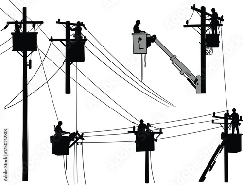 Utility pole maintenance methods, silhouette technician, bucket lift worker, ladder pose, black vector, electrical repair, infrastructure scene