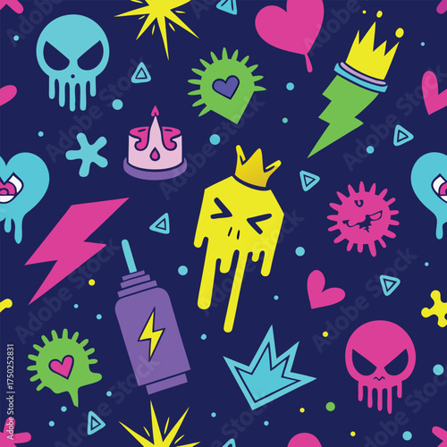 Neon Skulls and Abstract Shapes Pattern crown lightning bolt