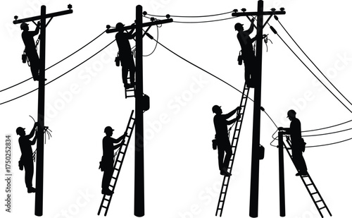 Utility pole ladder work, silhouette technician, electrical maintenance vector, black illustration, safety gear, infrastructure repair, climbing pose
