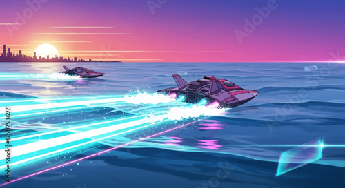 Pure sci-fi marine racing illustration. No text, professional minimal composition. Use for web, print, social media, and immersive futuristic environments.