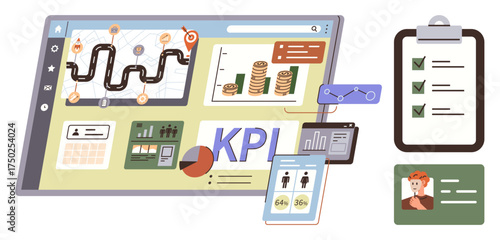 Digital dashboard featuring graphs, charts, KPI metrics, coins, checklist, and profile card. Ideal for business strategy, performance analysis, data analytics goal tracking project planning