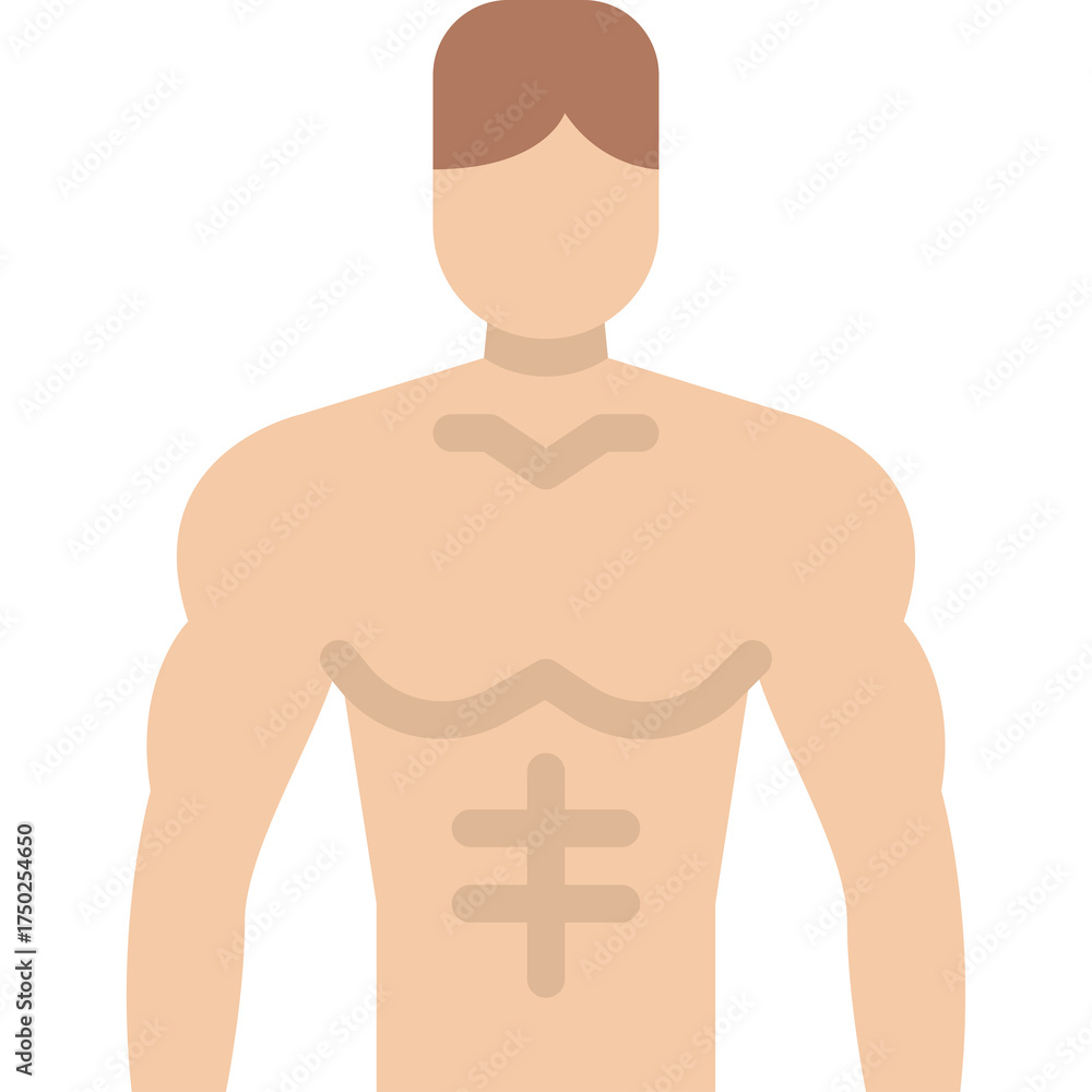 Fototapeta premium Illustration of a Muscular Male Torso with Defined Abdominals and Pecs in Flat Design Style on Transparent Background