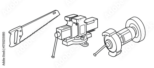 Workshop Tools Saw Bench Vise Grinding Machine Outline Sketch
